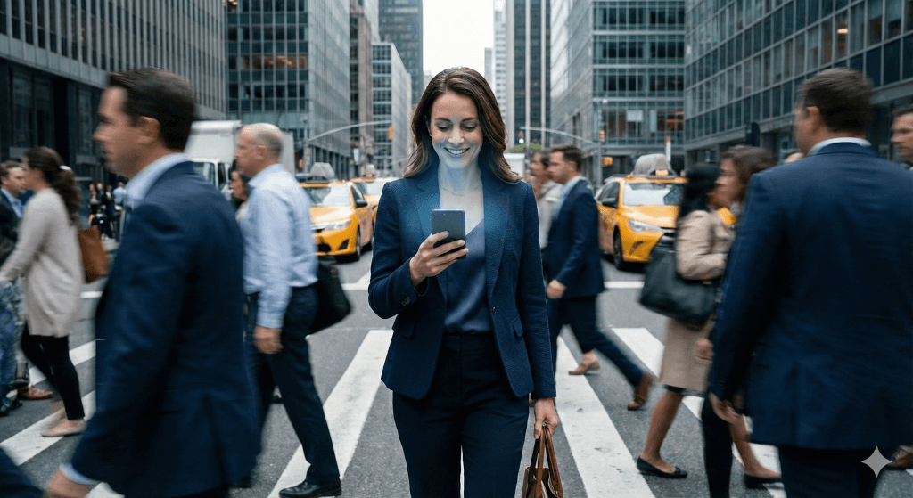 Final Landing Page Image - CiteCompass - AI Visibility Suite Pedestrian looking at her phone.